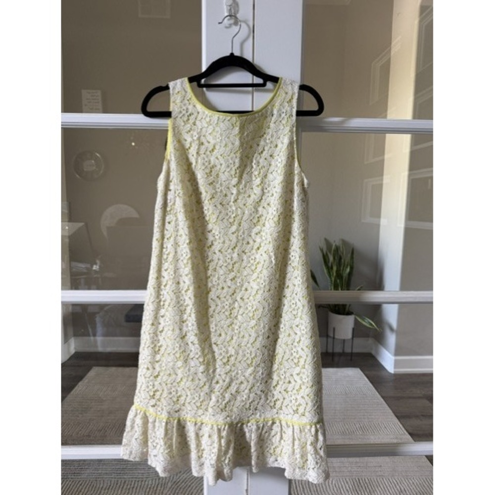 Ann Taylor Loft White Floral Lace Citron Yellow Shift Dress Ruffle Hem Size 8